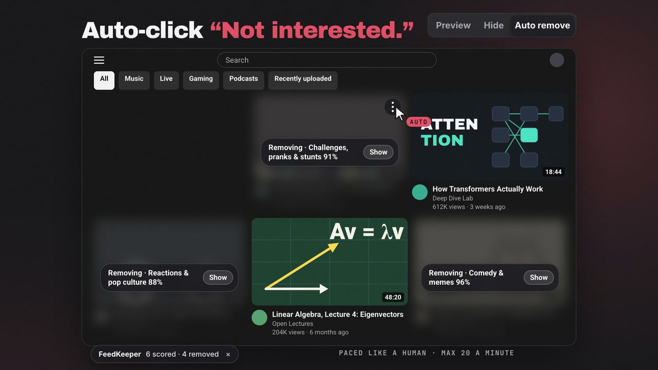 Auto remove: FeedKeeper clicks Not interested on matching videos