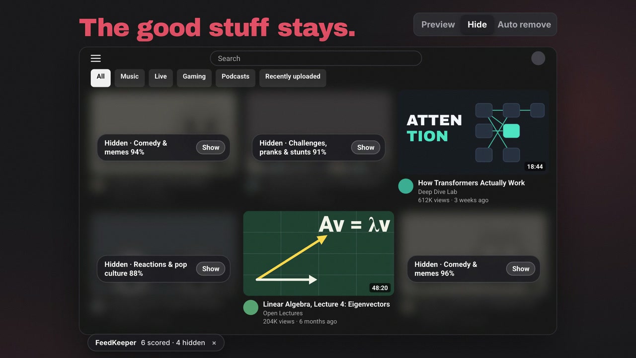 Hide mode: matching videos are blurred behind a Show button